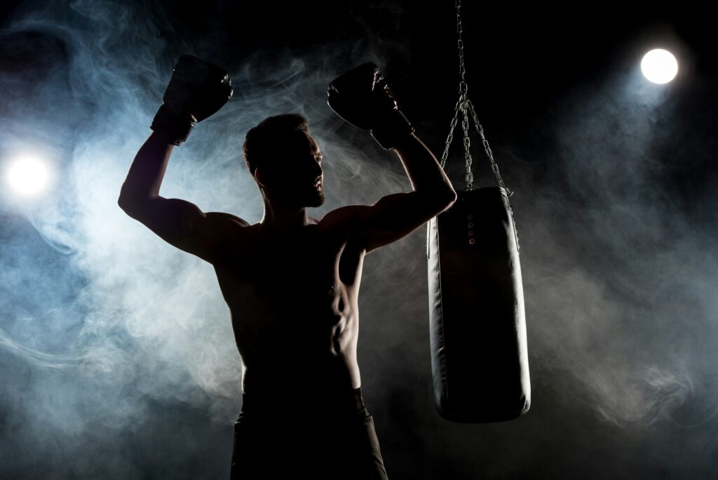 silhouette of muscular athlete in boxing gloves with hands above head on black with smoke